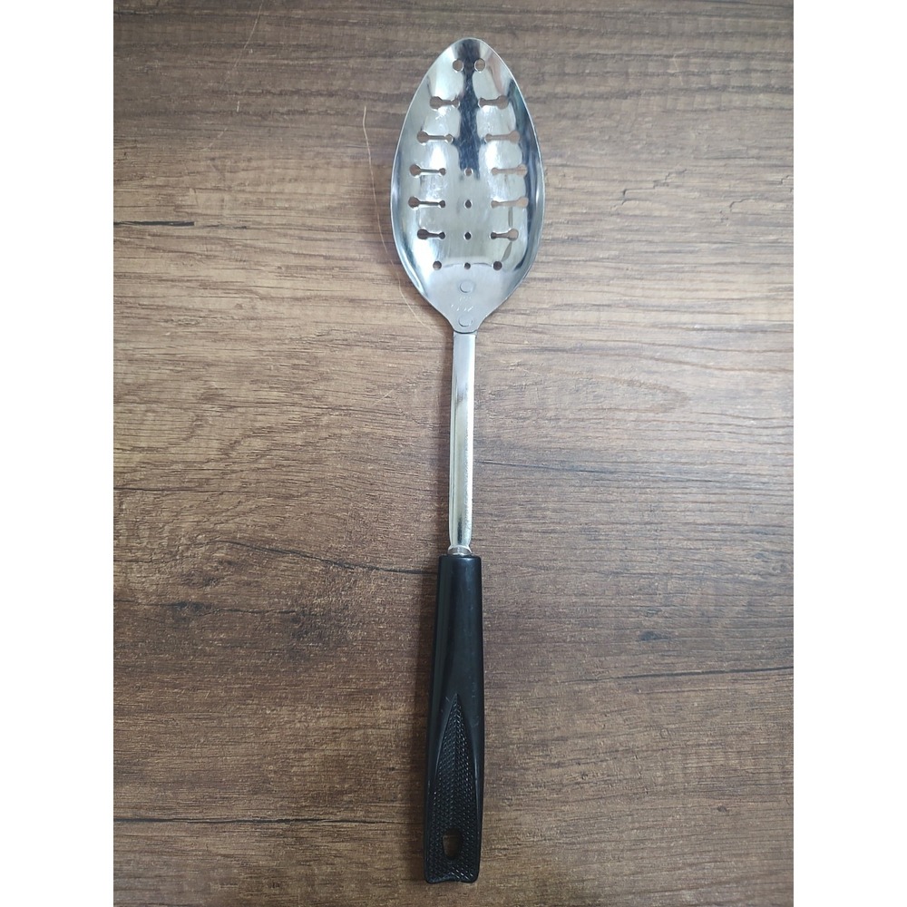 Ekco Slotted Serving Spoon Chromium Plated Black Handle 12" USA Vintage U138